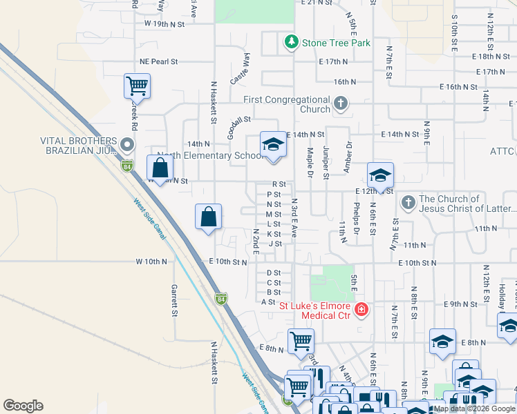 map of restaurants, bars, coffee shops, grocery stores, and more near 318 L Street in Mountain Home