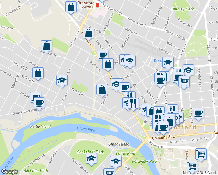 map of restaurants, bars, coffee shops, grocery stores, and more near 27 Jarvis St in Brantford