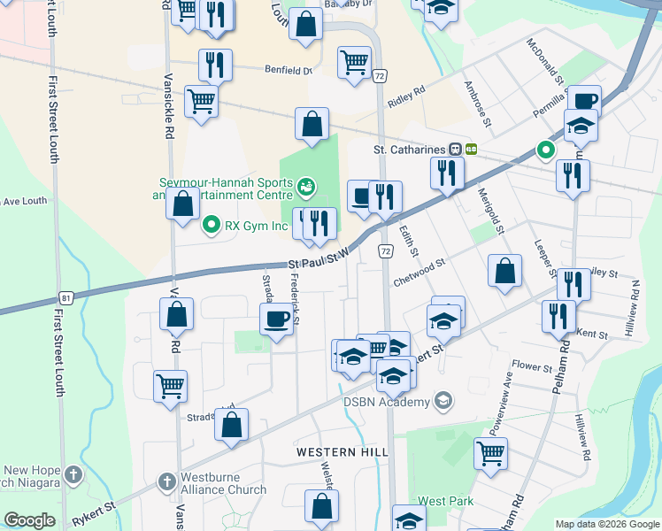 map of restaurants, bars, coffee shops, grocery stores, and more near 255 Saint Paul Street West in Saint Catharines