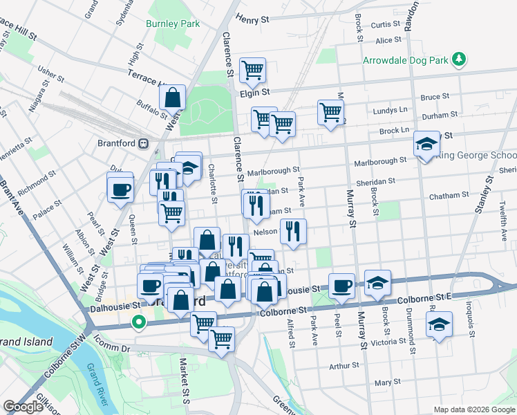 map of restaurants, bars, coffee shops, grocery stores, and more near 126 Chatham Street in Brantford