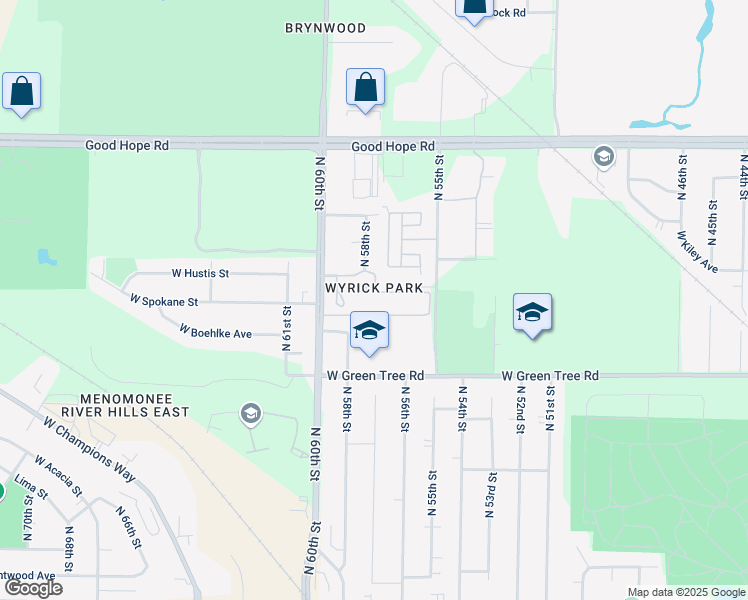 map of restaurants, bars, coffee shops, grocery stores, and more near 5608 West Green Tree Road in Milwaukee