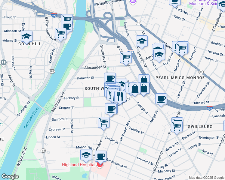map of restaurants, bars, coffee shops, grocery stores, and more near 612 South Avenue in Rochester
