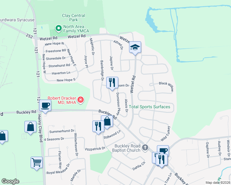 map of restaurants, bars, coffee shops, grocery stores, and more near 7739 Tirrell Hill Circle in Liverpool