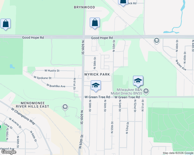 map of restaurants, bars, coffee shops, grocery stores, and more near 5608 West Green Tree Road in Milwaukee