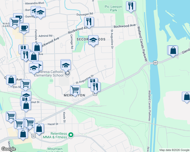 map of restaurants, bars, coffee shops, grocery stores, and more near 112 Saint Augustine Drive in St. Catharines