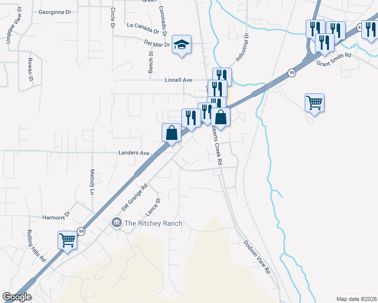 map of restaurants, bars, coffee shops, grocery stores, and more near 161 Brittney Avenue in Roseburg