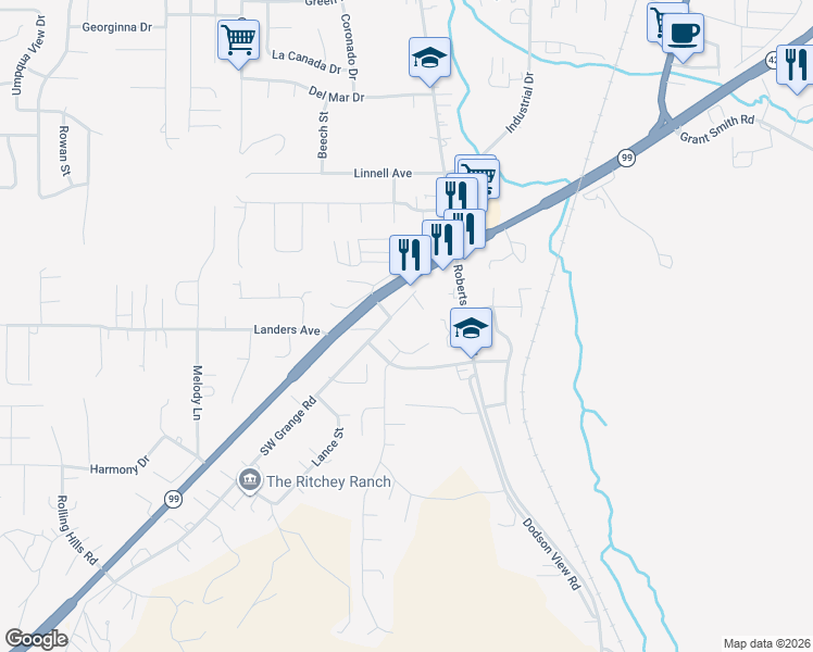 map of restaurants, bars, coffee shops, grocery stores, and more near 161 Brittney Avenue in Roseburg