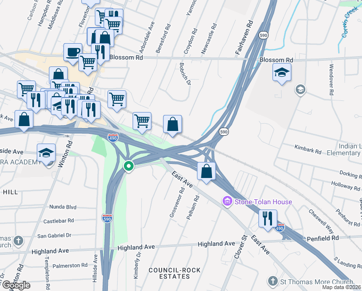 map of restaurants, bars, coffee shops, grocery stores, and more near Interstate 490 in Rochester