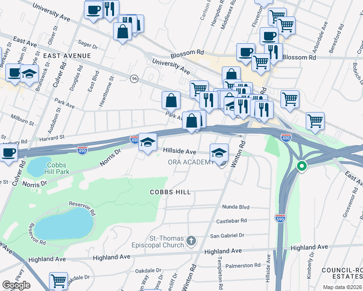 map of restaurants, bars, coffee shops, grocery stores, and more near 129 Hillside Avenue in Rochester