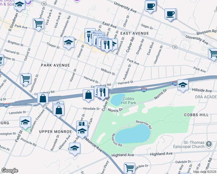 map of restaurants, bars, coffee shops, grocery stores, and more near 158 Culver Road in Rochester