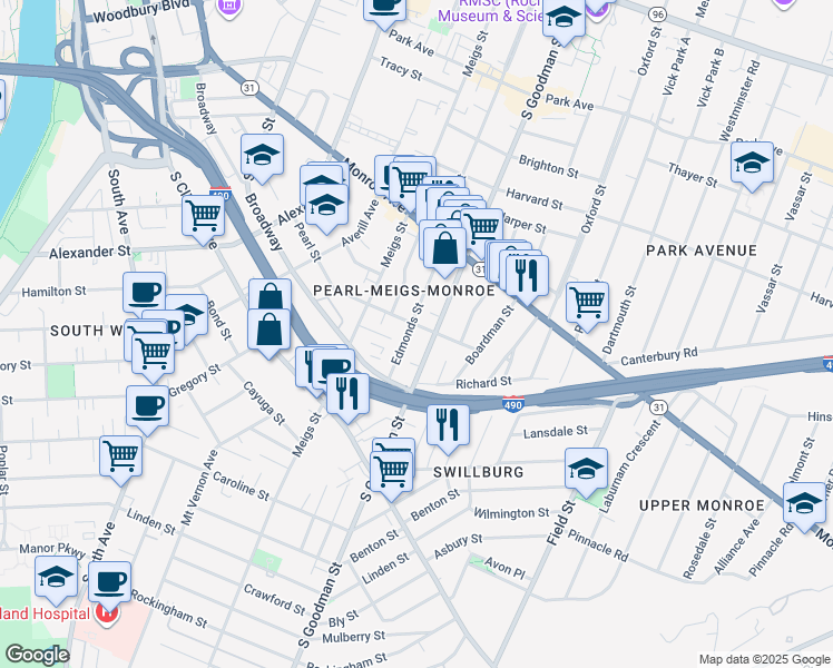 map of restaurants, bars, coffee shops, grocery stores, and more near 62 Edmonds Street in Rochester