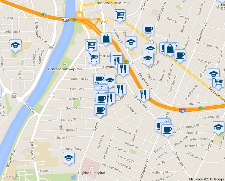 map of restaurants, bars, coffee shops, grocery stores, and more near 22 Whalin Street in Rochester