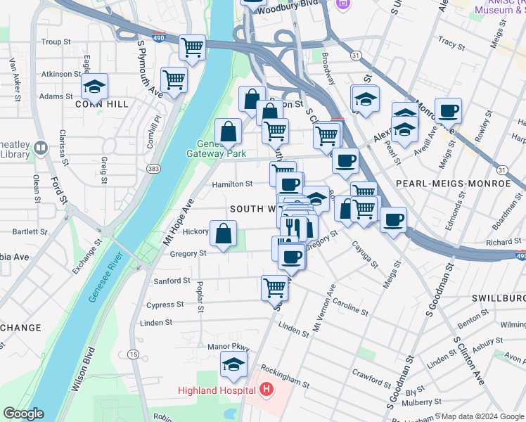 map of restaurants, bars, coffee shops, grocery stores, and more near 78 Hickory Street in Rochester
