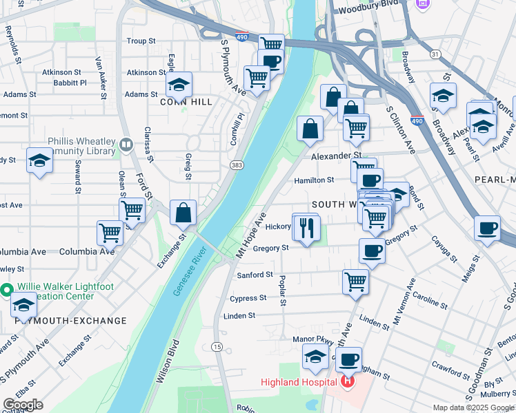 map of restaurants, bars, coffee shops, grocery stores, and more near 344 Mount Hope Avenue in Rochester