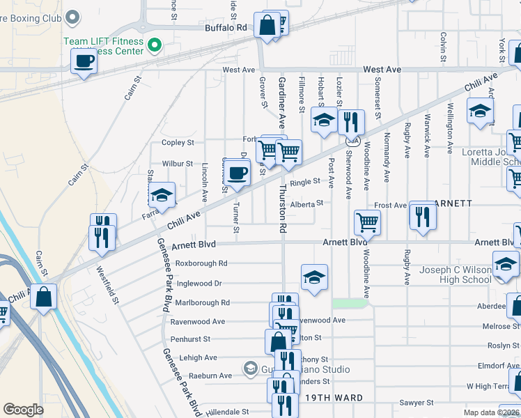 map of restaurants, bars, coffee shops, grocery stores, and more near 31 Devonshire Court in Rochester