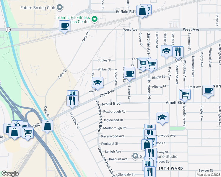 map of restaurants, bars, coffee shops, grocery stores, and more near 765 Chili Avenue in Rochester