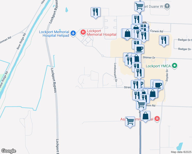 map of restaurants, bars, coffee shops, grocery stores, and more near 5716 Glendale Drive in Lockport
