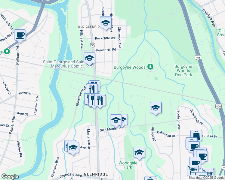map of restaurants, bars, coffee shops, grocery stores, and more near 201 Glenridge Avenue in St. Catharines
