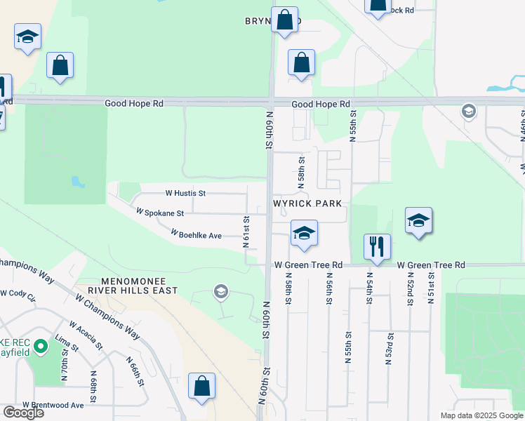 map of restaurants, bars, coffee shops, grocery stores, and more near 5826 West Boehlke Avenue in Milwaukee