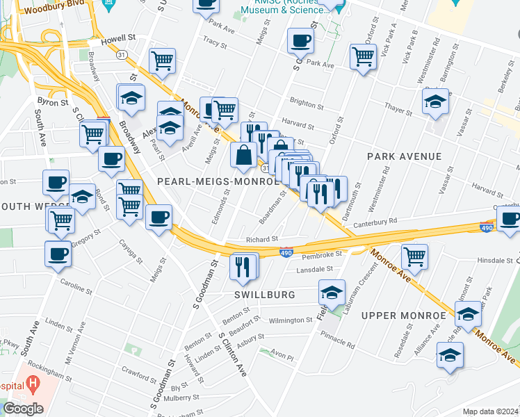 map of restaurants, bars, coffee shops, grocery stores, and more near 78 Amherst Street in Rochester