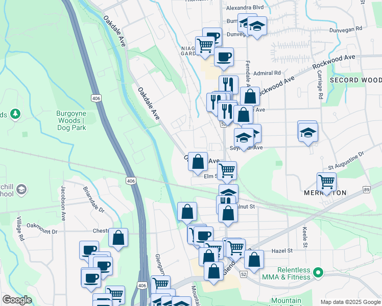 map of restaurants, bars, coffee shops, grocery stores, and more near 37 Oakdale Avenue in St. Catharines