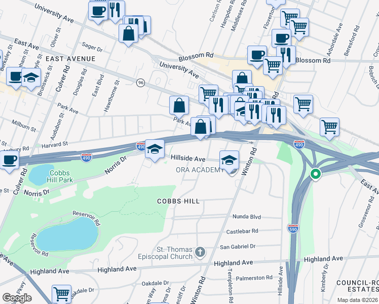 map of restaurants, bars, coffee shops, grocery stores, and more near 129 Hillside Avenue in Rochester