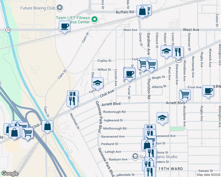 map of restaurants, bars, coffee shops, grocery stores, and more near 765 Chili Avenue in Rochester
