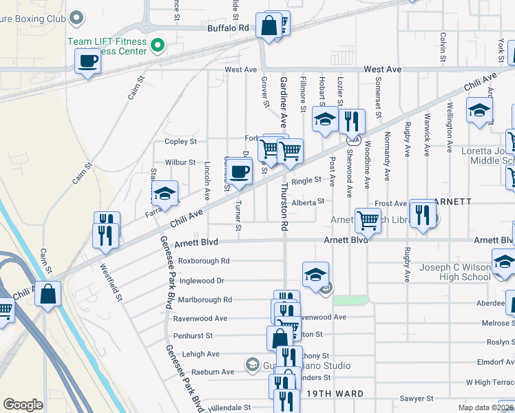 map of restaurants, bars, coffee shops, grocery stores, and more near 110 Salina Street in Rochester
