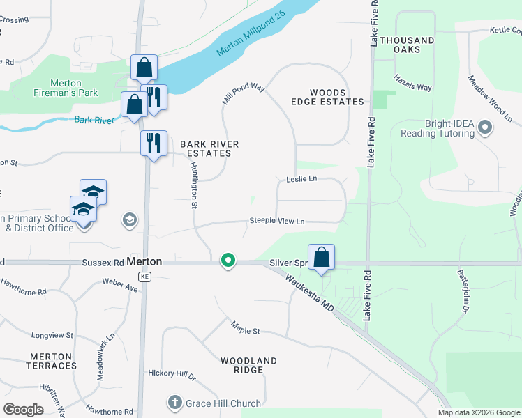 map of restaurants, bars, coffee shops, grocery stores, and more near W278N6981 Leslie Lane in Hartland
