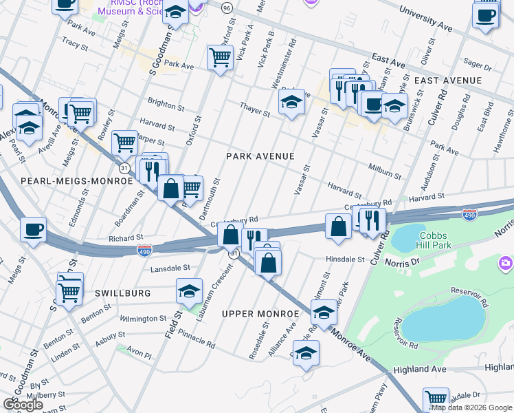 map of restaurants, bars, coffee shops, grocery stores, and more near 326 Barrington Street in Rochester
