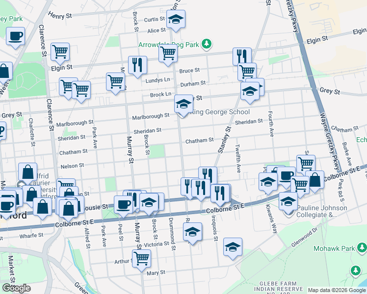 map of restaurants, bars, coffee shops, grocery stores, and more near 238 Rawdon Street in Brantford