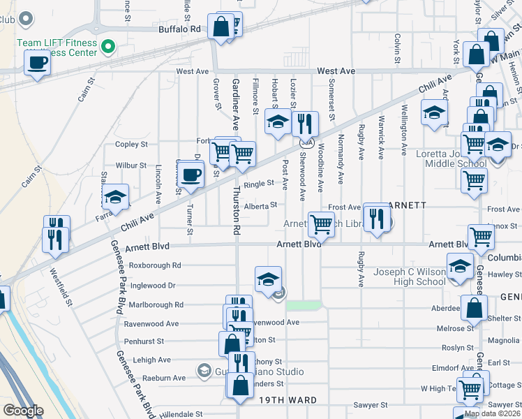 map of restaurants, bars, coffee shops, grocery stores, and more near 47 Alberta Street in Rochester