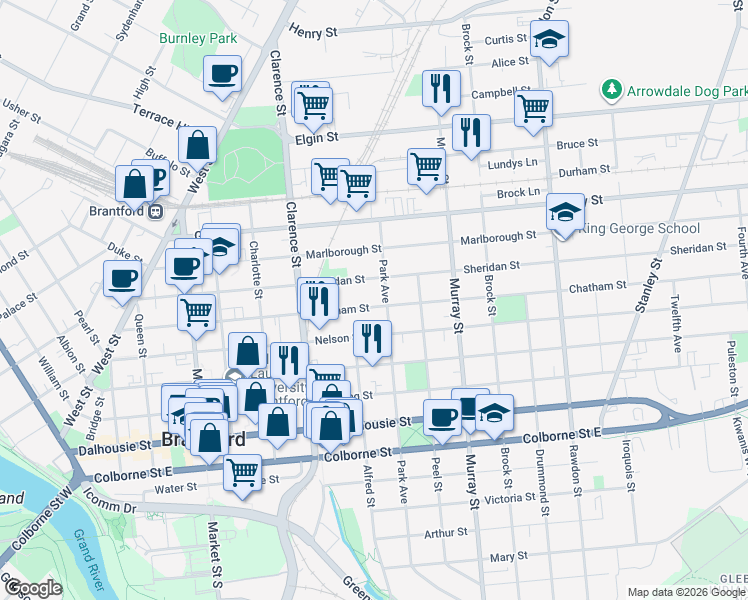 map of restaurants, bars, coffee shops, grocery stores, and more near 166 Chatham Street in Brantford