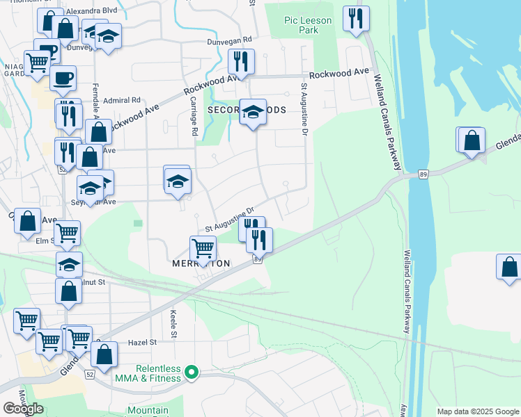 map of restaurants, bars, coffee shops, grocery stores, and more near 114 Saint Augustine Drive in St. Catharines