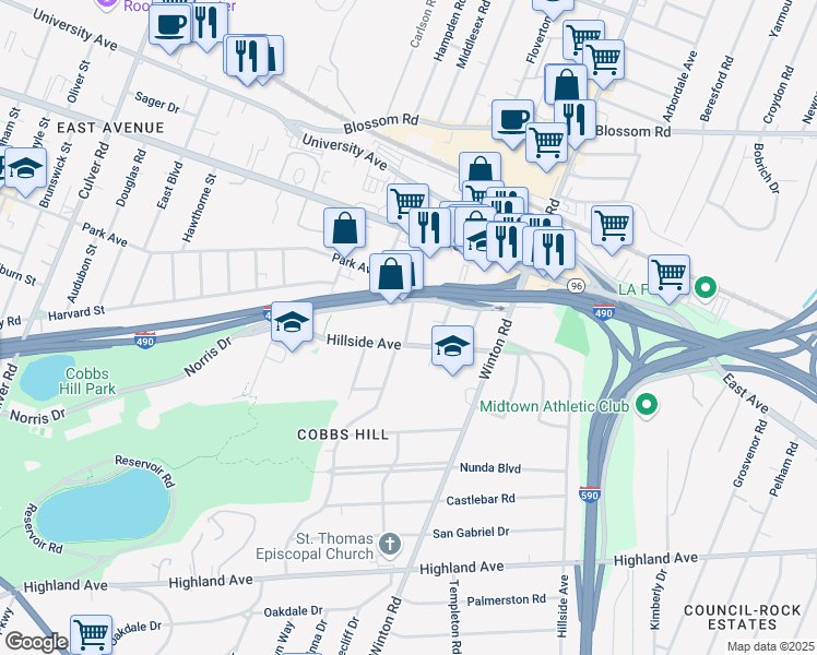 map of restaurants, bars, coffee shops, grocery stores, and more near 29 Cobbs Hill Drive in Rochester
