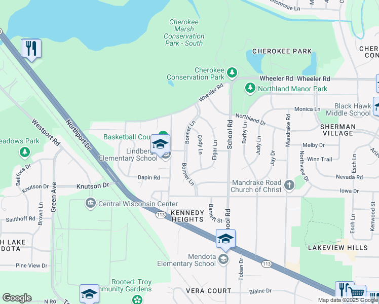 map of restaurants, bars, coffee shops, grocery stores, and more near 4525 Bonner Lane in Madison