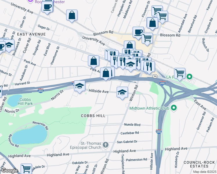 map of restaurants, bars, coffee shops, grocery stores, and more near 29 Cobbs Hill Drive in Rochester
