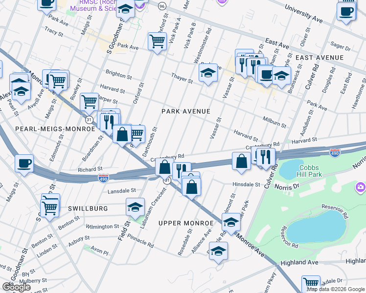 map of restaurants, bars, coffee shops, grocery stores, and more near 326 Barrington Street in Rochester