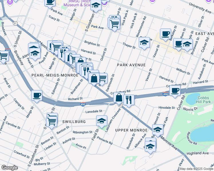map of restaurants, bars, coffee shops, grocery stores, and more near 252 Rutgers Street in Rochester
