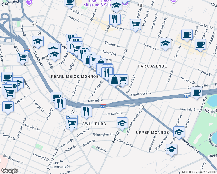 map of restaurants, bars, coffee shops, grocery stores, and more near 6 Boardman Street in Rochester