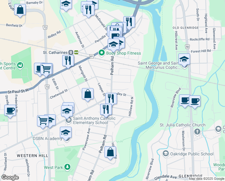 map of restaurants, bars, coffee shops, grocery stores, and more near in St. Catharines