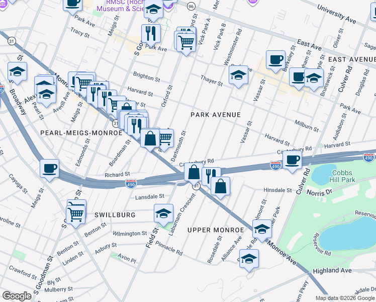 map of restaurants, bars, coffee shops, grocery stores, and more near 236 Dartmouth Street in Rochester