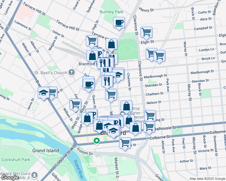 map of restaurants, bars, coffee shops, grocery stores, and more near 41 Sheridan Street in Brantford