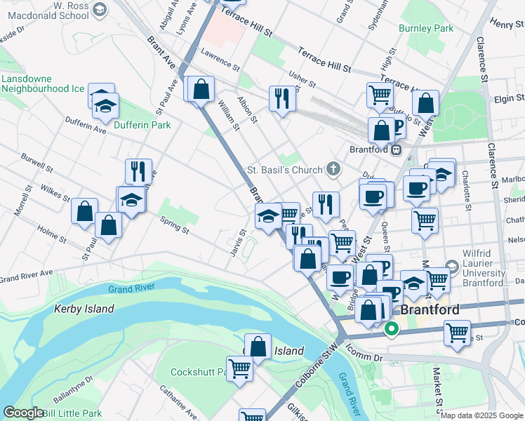 map of restaurants, bars, coffee shops, grocery stores, and more near 142 Brant Avenue in Brantford