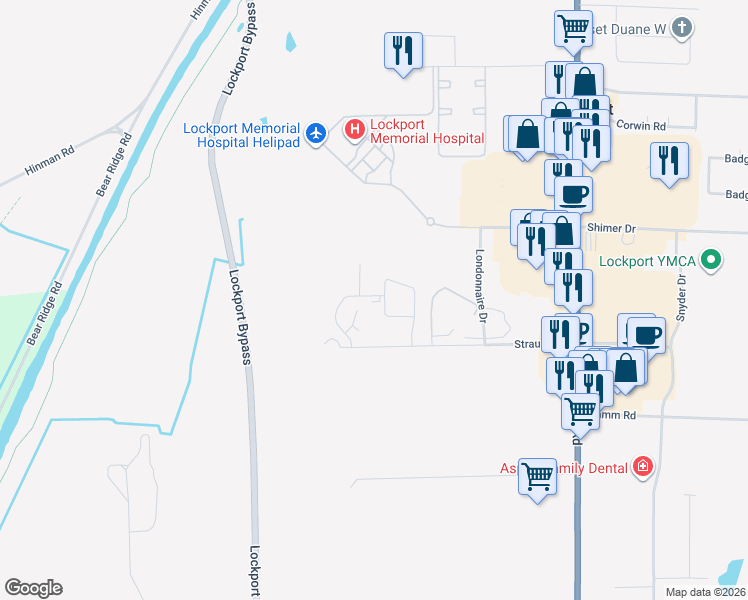 map of restaurants, bars, coffee shops, grocery stores, and more near 5749 Glendale Drive in Lockport