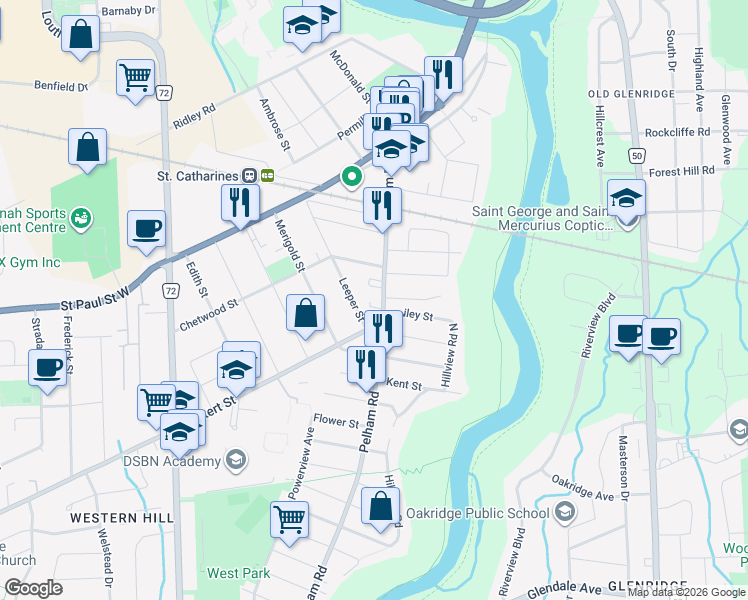 map of restaurants, bars, coffee shops, grocery stores, and more near in St. Catharines