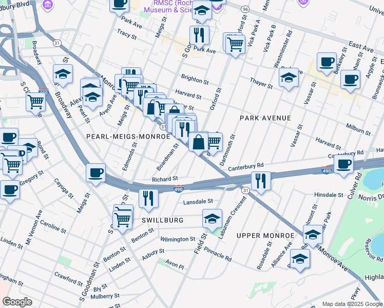 map of restaurants, bars, coffee shops, grocery stores, and more near in Rochester