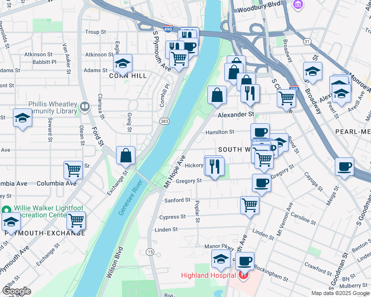map of restaurants, bars, coffee shops, grocery stores, and more near 265 Mount Hope Avenue in Rochester