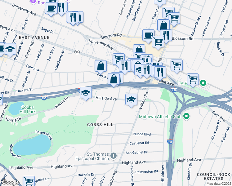 map of restaurants, bars, coffee shops, grocery stores, and more near 29 Cobbs Hill Drive in Rochester
