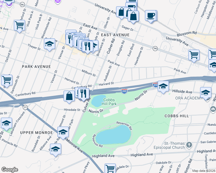 map of restaurants, bars, coffee shops, grocery stores, and more near 93 Beverly Street in Rochester